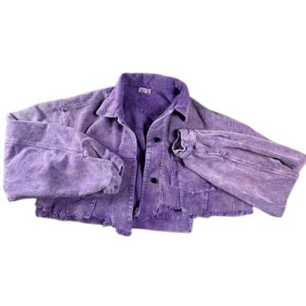 POL Corduroy Jacket Women Small Purple Star Patch Cropped Raw Hem